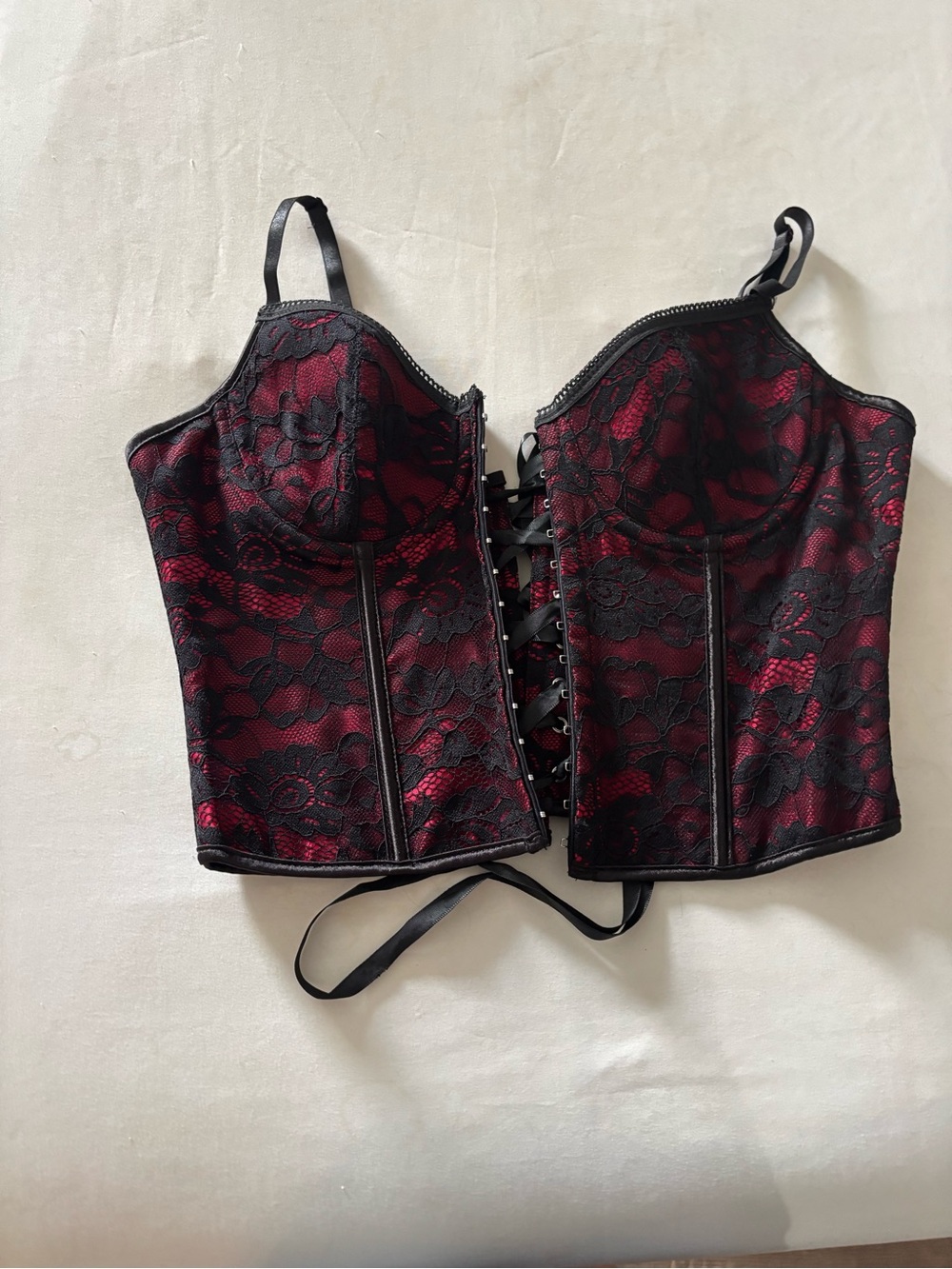 Red Lace Corset Bustier with Black Overlay